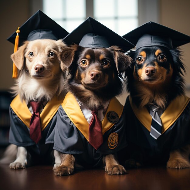 Photo three dogs in graduation caps and gowns