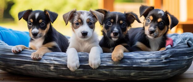 Foto tre cani sdraiati su un letto con uno che guarda la telecamera