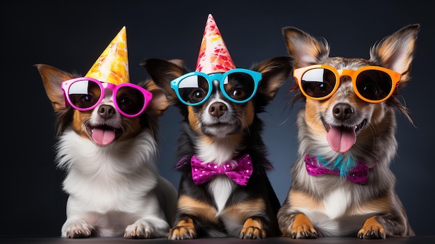 Три собаки в настроении вечеринки на темном фоне Генеративный ИИ