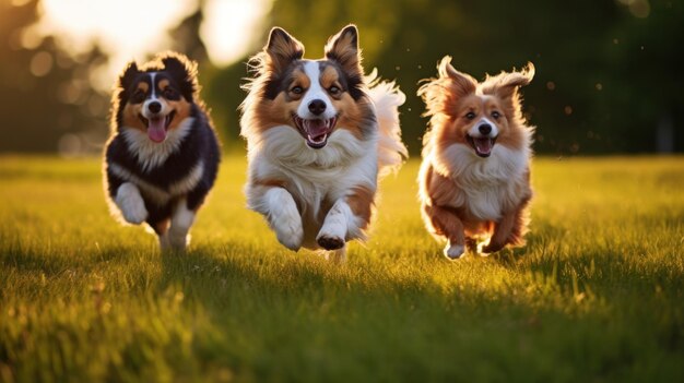 Three dogs playing in the grass