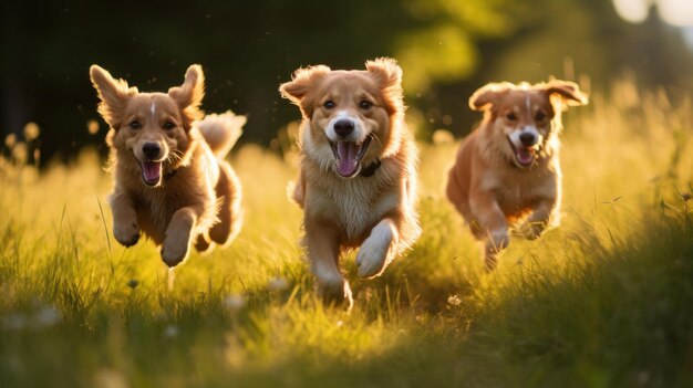 Three dogs playing in the grass