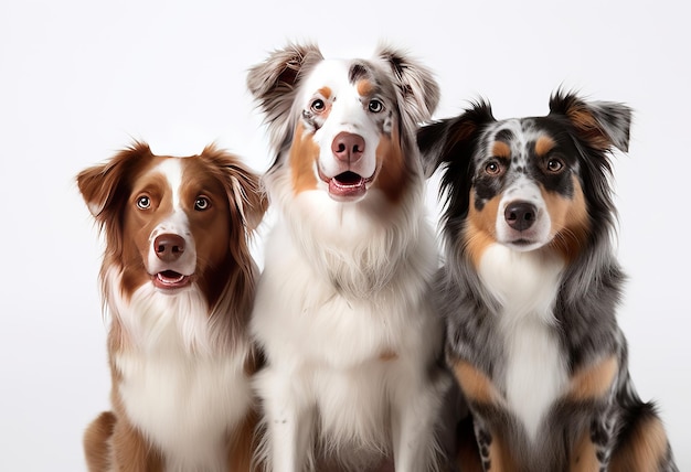 Three dogs in a row, one of which has the word aussie on it.