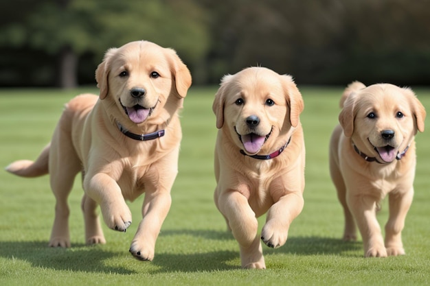 Three dogs running on a field