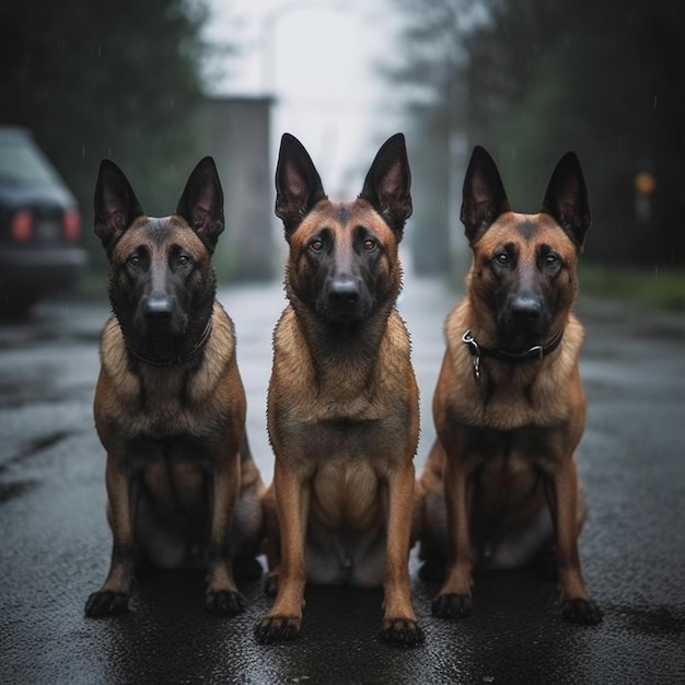 Three dogs sit in front of a building on a wet road