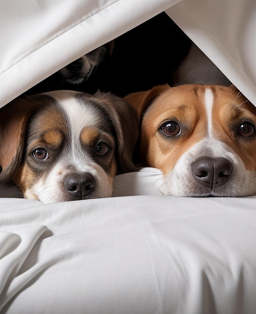 Three Dogs sitting near next to next on bed