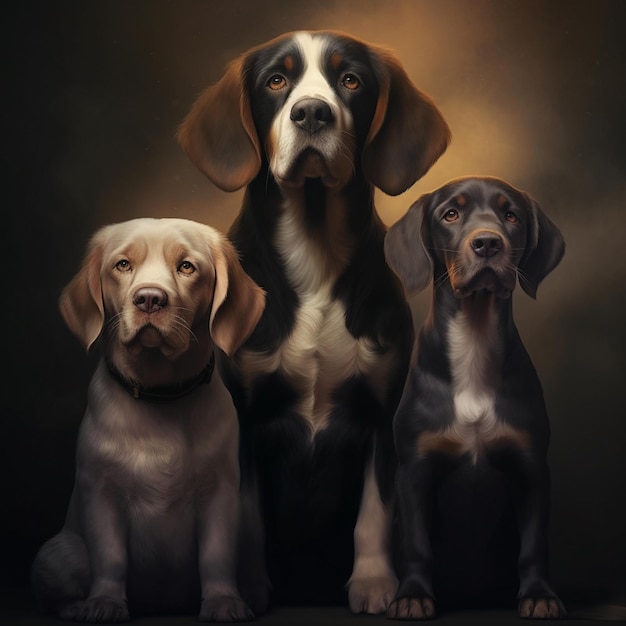 three dogs sitting in a row with one looking at the camera generative ai