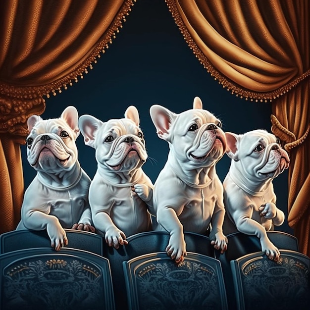 three dogs sitting on a stage with a curtain behind them generative ai