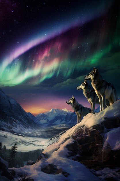 three dogs standing on a snowy hill with a aurora light in the background generative ai