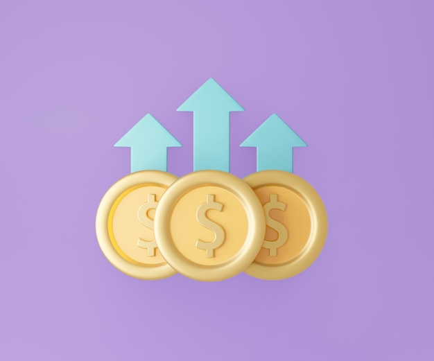 Three dollar coins with up arrow on purple background. 3d\
illustration rendering.