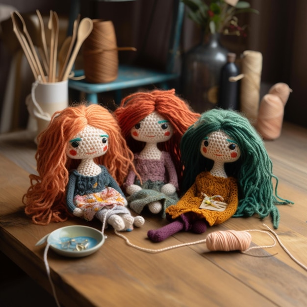 Three dolls with green hair are sitting on a table.