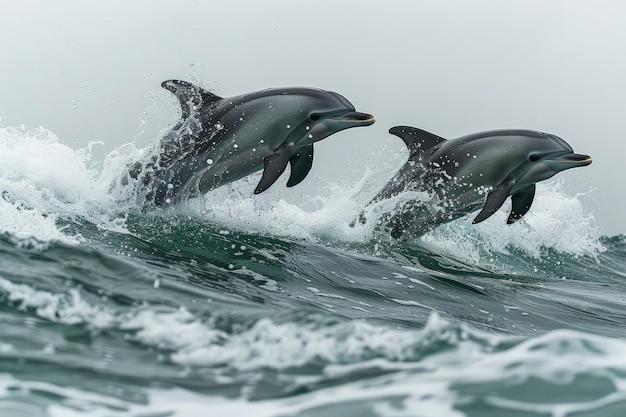 Photo three dolphins are jumping out of the water