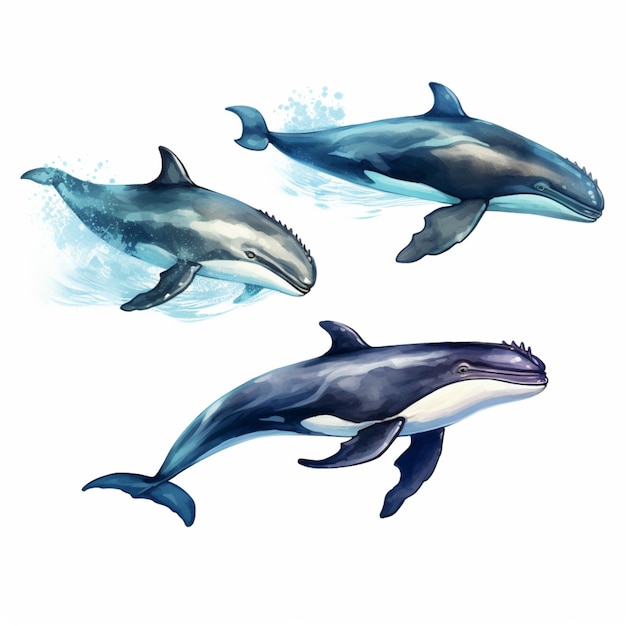 Foto tre delfini nuotano nell'acqua con la testa sopra l'acqua generativa ai