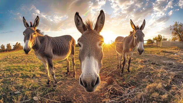 Three donkeys are standing in a field as the sun sets casting a warm glow over the landscape