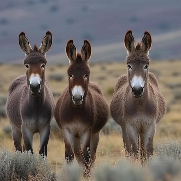 three donkeys standing in a field with mountains in the background generative ai