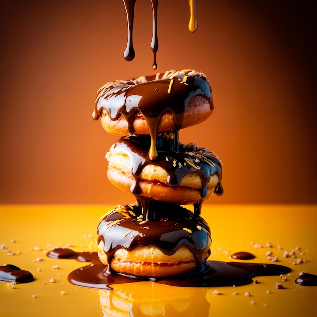 Фото Три пончика, размещенные в форме башни, когда на них падает расплавленный шоколад на оранжевый стол