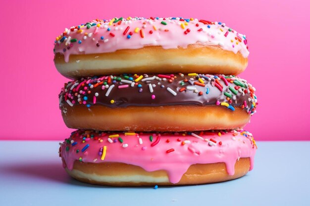 three donuts stacked on top of each other with pink icing and sprinkles on top.