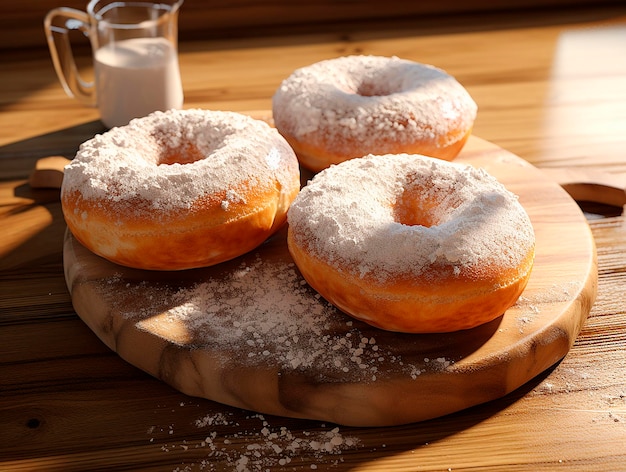 Three donuts with icing sugar on a wooden board and a jug of milk