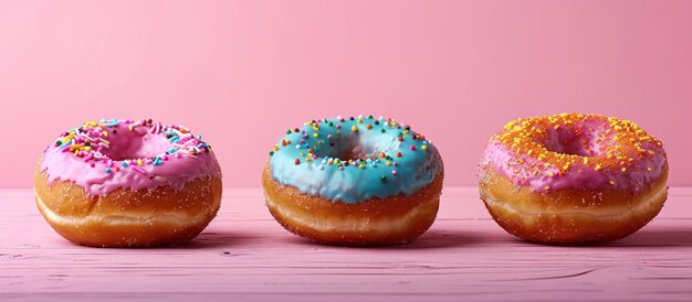 Three Donuts With Sprinkles on a Pink Background