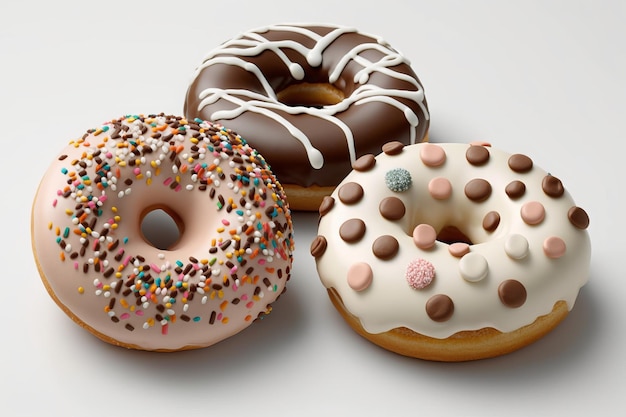 Three donuts with white frosting and chocolate sprinkles on them.