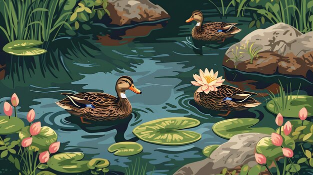 Photo three ducks are swimming in a pond there are lily pads and flowers in the water the ducks are brown and white