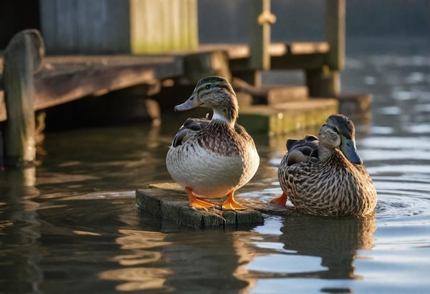 Photo three ducks are swimming in a pond with the sun shining on their heads