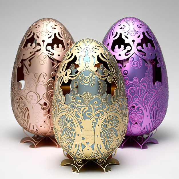 Three easter eggs are displayed with a pattern of gold and purple.