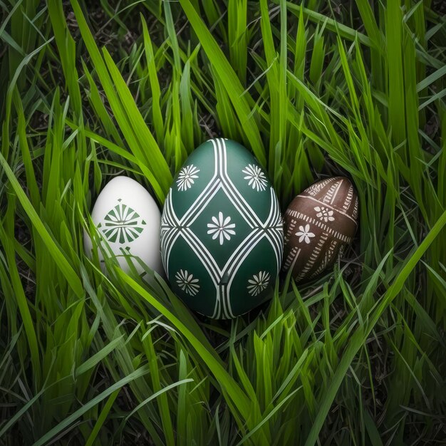 Three easter eggs are in the grass with a pattern on them.