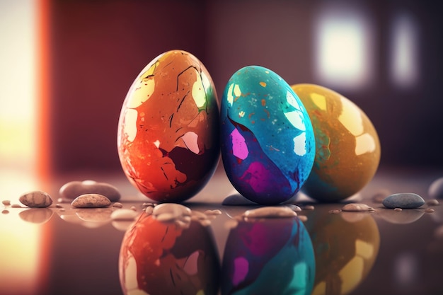 Three easter eggs on a table with the word easter on the bottom.