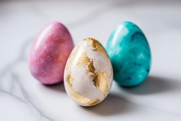 Three easter eggs on a white table