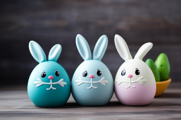 Three easter eggs with bunny ears on a wooden table