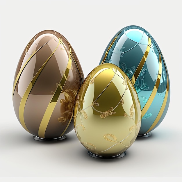 Three easter eggs with gold and blue and gold on them.