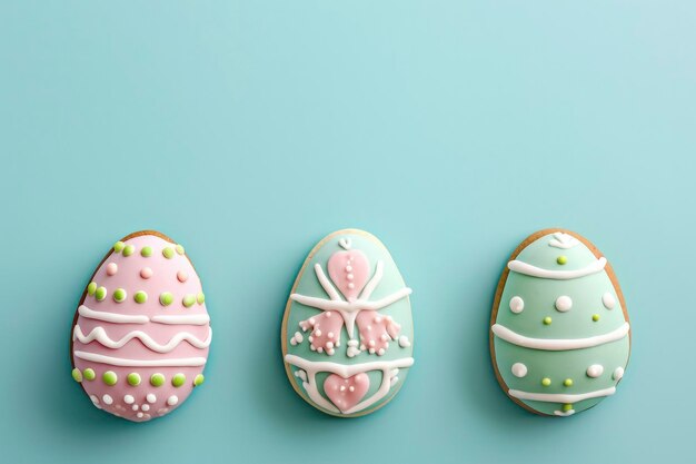 Three egg shaped decorated gingerbreads on a pastel background easter sweets