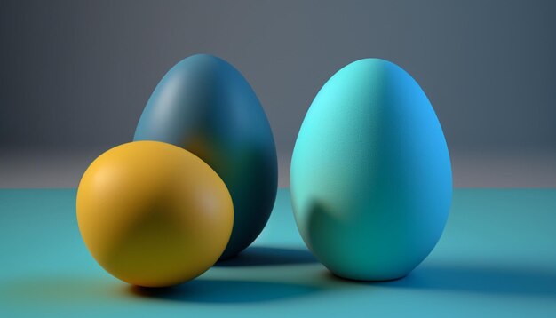 Photo three eggs on a blue table with one that says'easter '