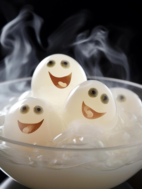 three eggs in a bowl with smoke coming out of them