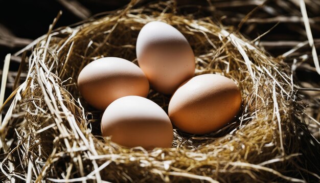 Three eggs in a nest made of hay