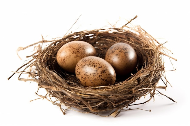 Three eggs in a nest on a white background