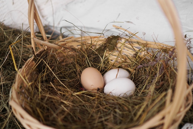 Three eggs in a straw basket. Rustic style. Agriculture and easter concept