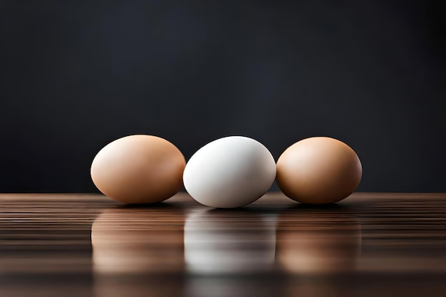 Three eggs on a table with a black background