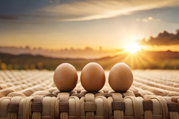 Three eggs on a wicker basket with a sunset in the background