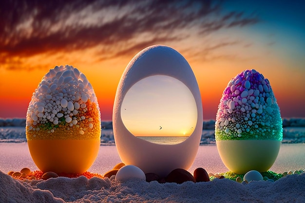 Three eggs with a sunset in the background