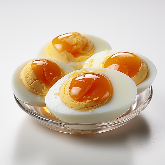 three eggs with yogurt and yogurt are served in a glass dish.