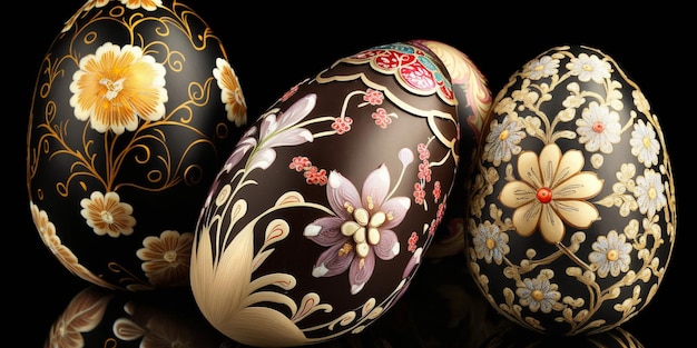 Three eggshells with flowers and gold foil on them generative ai