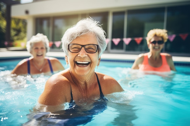 Три пожилые женщины плавают и смеются в бассейне.