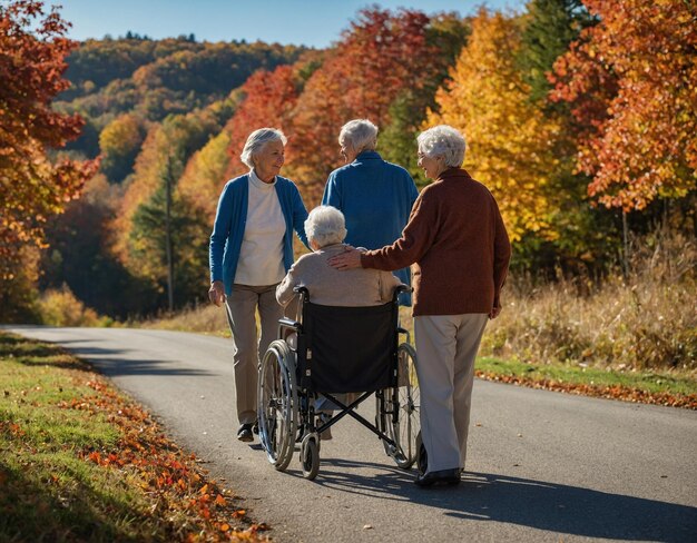 three elderly women walking down a road with a man in a wheelchair