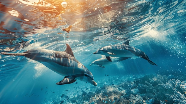 Three electric blue dolphins swim near a coral reef in the underwater world