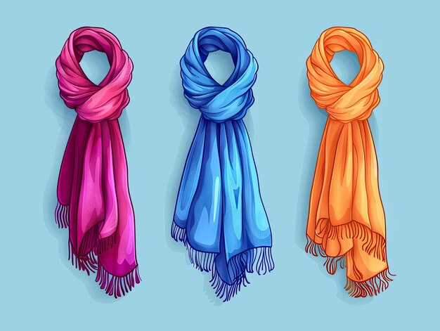 Photo three elegant scarves in shades of pink blue and orange displayed on a light blue background