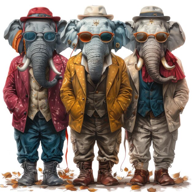 Three elephants are standing together wearing glasses and jackets They are in a group each outfitted