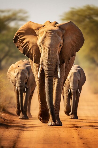 Photo three elephants are walking in a line with one of them has tusks on the other