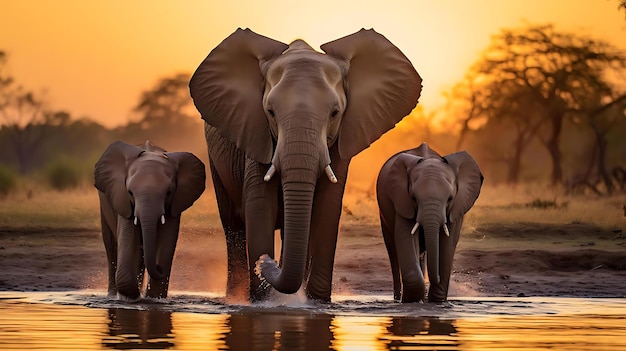 Three elephants are walking in the water with the sun behind them