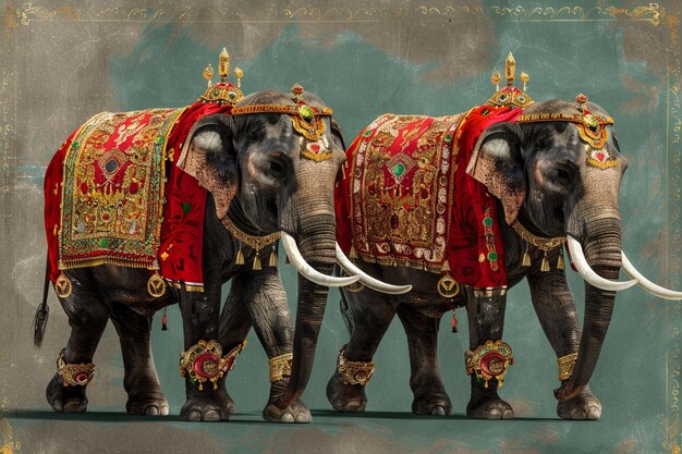 Photo three elephants with a red blanket and gold crown on their backs